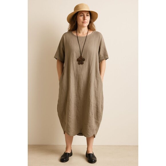 Camille + Co Linen Balloon Hem Lagenlook Boho Dress Taupe Size Small Oversized - Picture 1 of 5